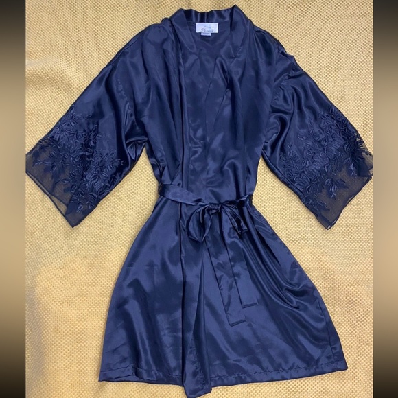 Vtg 90s Dentelle Satin Robe M Black - Picture 1 of 6